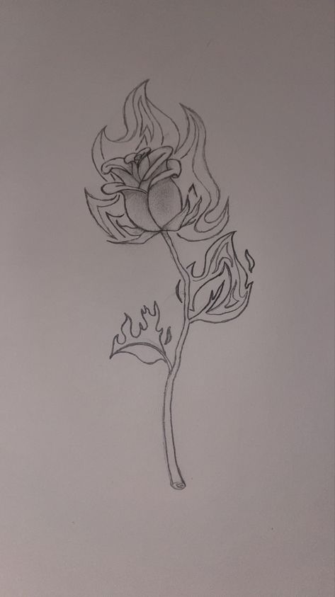 Burning Rose Painting, Flower On Fire Drawing, Burning Rose Drawing, Burning Flower Tattoo, Rose On Fire Drawing, Cool Rose Drawings, Fire Drawing Simple, Burning Rose Tattoo, Drawing Of Fire