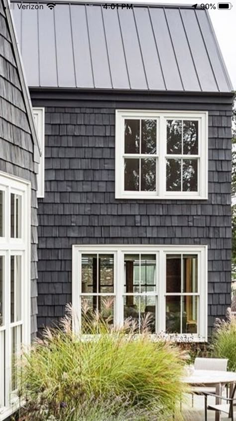 Houses With Shingle Siding, Painting Cedar Shingles, Shingle Exterior Siding, Black Shingle Siding, Dark Shingle House, Dark Grey Cottage Exterior, Painted Shingle House, Dark Cedar Shake Siding, Painted Cedar Shingles