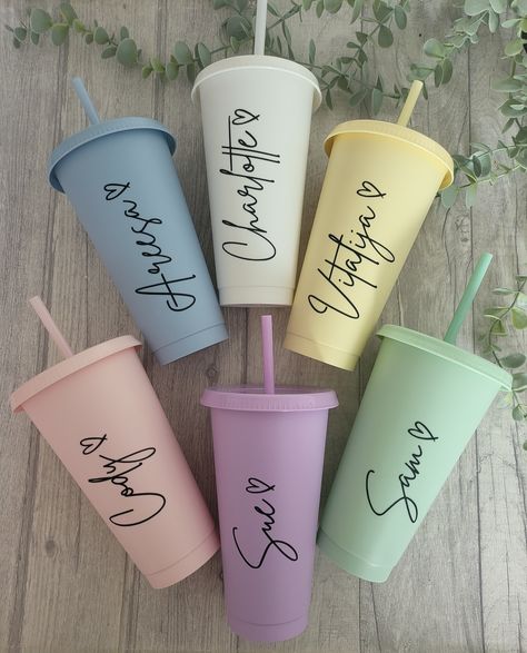 **Please Note** If you select Express postage upgrade, your order will be dispatched within 1-3 working days and sent via Royal Mail Tracked 24.  I cannot guarantee next day delivery. 24oz starbucks style cold cup. These cups come with matching lid and straw. Singled walled with a pop on lid.They are a strong BPA free plastic that are re-usable. Strong vinyl is used for the personalisation.NOT SUITABLE FOR USE WITH HOT WATER. HANDWASH ONLY Classy Heart Design. The heart will be included unless requested otherwise in the personalisation section. Choose cup and writing colours from the drop down menus. Personalized Gifts With Vinyl, Personalised Items To Sell, Name On Cup Ideas, Personalised Business Ideas, Personalised Gifts Cricut, Cold Cup Design Ideas, Vinyl On Cups, Cups With Vinyl, Cold Cup Design