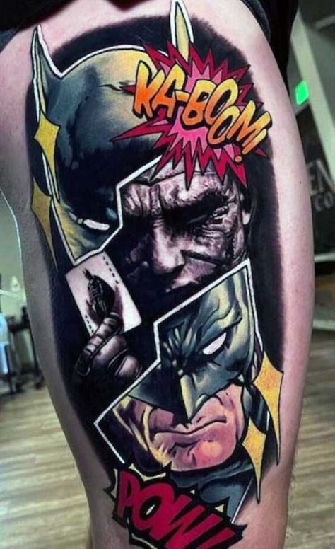 Marvel Tattoo Sleeve, Dc Tattoo, Comic Book Tattoo, Spiderman Tattoo, Colored Tattoo Design, Pop Art Tattoos, Batman Tattoo, Comic Tattoo, Graffiti Tattoo