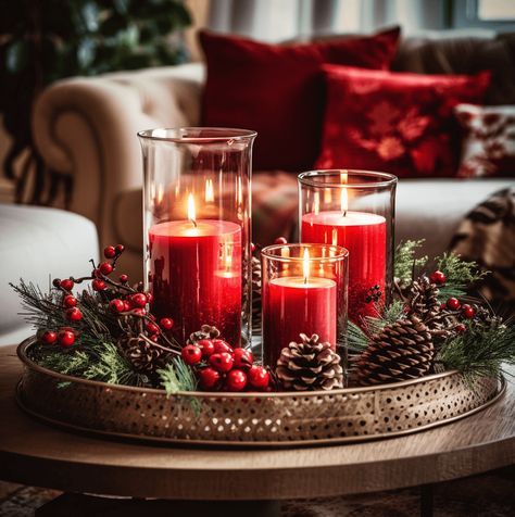 Living room Christmas decor - a coffee table styled for christmas - with antique gold tray holding chunky red candles in glass cylindrical holders, with rustic centerpeice made from pine cones and winter foliage. A christmas mood set with seasonal decor updates. Red Christmas Decorations, Living Room Christmas Decor, Pretty Christmas Decorations, Winter Foliage, Red Christmas Decor, Deco Table Noel, Christmas Candle Decorations, Christmas Tray, Gold Tray