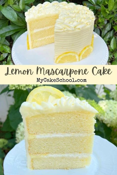 Lemon Mascarpone Cake | My Cake School Lemon Mascarpone Cake Recipe, Italian Mascarpone Cake, Lemon Creme Cake Recipe, Limoncello Marscapone Cake Recipe, Limoncello Cake Mascarpone, Lemon Italian Cream Cake, Lemon Cello Recipe Cake, Marscapone Cake Recipes, Lemon Mascarpone Frosting