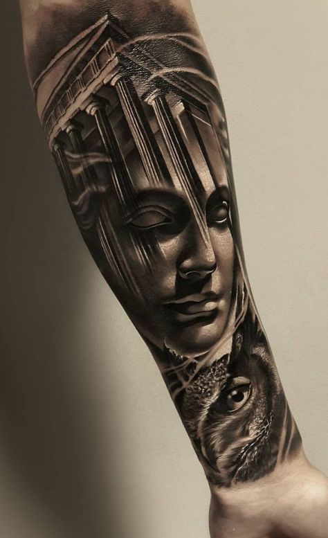 architectural tattoo © tattoo artist Samurai Standoff 💕💕💕💕 Architectural Tattoo, Sculpture Tattoo, Athena Tattoo, Gladiator Tattoo, Zeus Tattoo, Spartan Tattoo, Realistic Tattoo Sleeve, Statue Tattoo, Men Tattoos Arm Sleeve