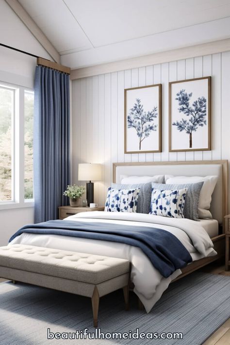 20 Best Blue Bedroom Ideas: Beautiful Bedrooms to Inspire You - Beautiful Home Design Ideas Bedroom Ideas Blue Accents, Guest Bedroom Blue Accents, Master Bedrooms Cream And Blue, Blue Bedrooms Decor, Bedroom Ideas Cool Tones, Blue Gray And Cream Bedroom, Blue White Grey Room Master Bedrooms, Bedroom Inspo Master, Beautiful Blue Bedrooms