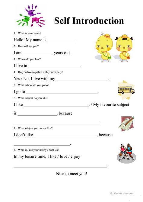 Self Introduction Worksheet, Self Introduction, Grammar For Kids, Writing Introductions, English Teaching Materials, Learning English For Kids, English Worksheets For Kids, Learning Worksheets, Kids English