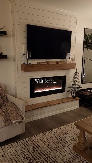 Fireplace With Cable Box Storage, Tv And Fireplace Wall Ideas Bedroom, Electric Fireplace Insert Brick, Electric Fireplace Modern Farmhouse, No Mantle Fireplace Ideas, Tv On Wall With Electric Fireplace, Basement Electric Fireplace With Tv, Shiplap Fireplace Wall Vaulted Ceilings, Wooden Electric Fireplace