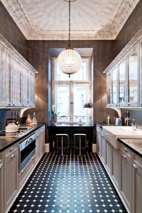 Galley Kitchen Decor, White Galley Kitchens, Small Galley Kitchen Designs, Narrow Kitchen Design, Galley Kitchen Renovation, Galley Kitchen Remodel Ideas, Inexpensive Flooring, Small Galley Kitchen, Galley Kitchen Design