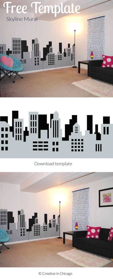 Download the design to create this fun skyline mural perfect for a teenage hangout room. #skyline #template #printable #teenagedecor #interiordesign #mural #skylinemural Art Room Mural Ideas, Teenage Hangout Room, Room Mural Ideas, Teenage Hangout, Design A Superhero, Batman Card, Cityscape Mural, Skyline Mural, Avengers Room