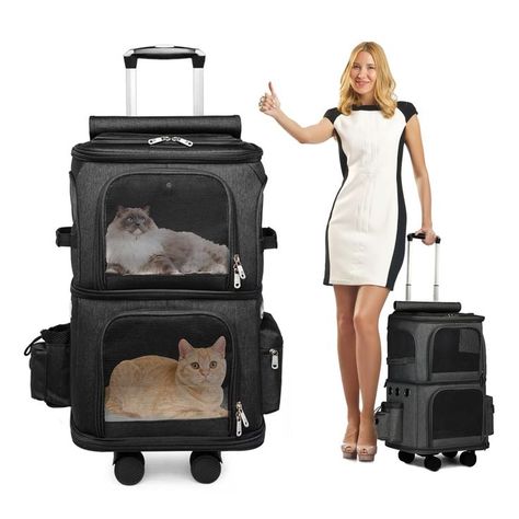 Pet Carrier, WIIBII Portable Rolling Pet Carrier Cat Carrier Dog Carriers for Dogs Cats 2 Compartments Pet Travel Carrier Bag with Wheels Tie-Rod for Traveling Hiking Camping (Black) Cat Carriers, Cat Travel Carrier, Pet Travel Carrier, Pet Travel Bag, Devon Rex Cats, Cats Stuff, Dog Carrier Bag, Smart Bed, Luxury Cat