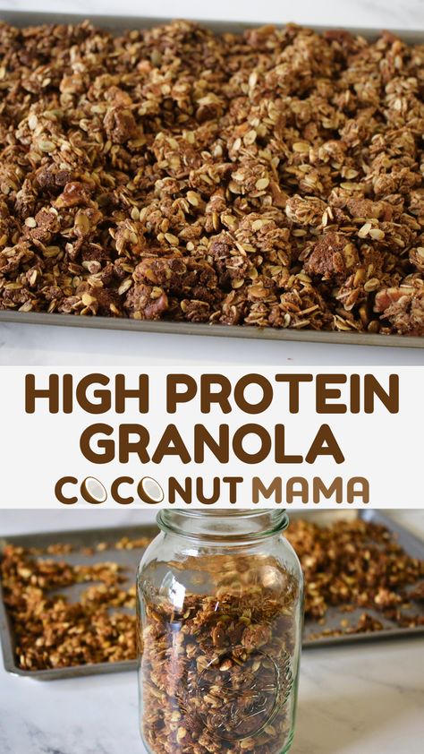 This high-protein granola recipe is tasty and nutrient dense! Serve over your favorite yogurt or on top of smoothies! Low Sugar Granola Recipe, High Protein Granola Recipe, Protein Granola Recipe, Granola Calories, High Protein Granola, Low Sugar Granola, Low Carb Granola, Granola Recipe Healthy, Protein Granola