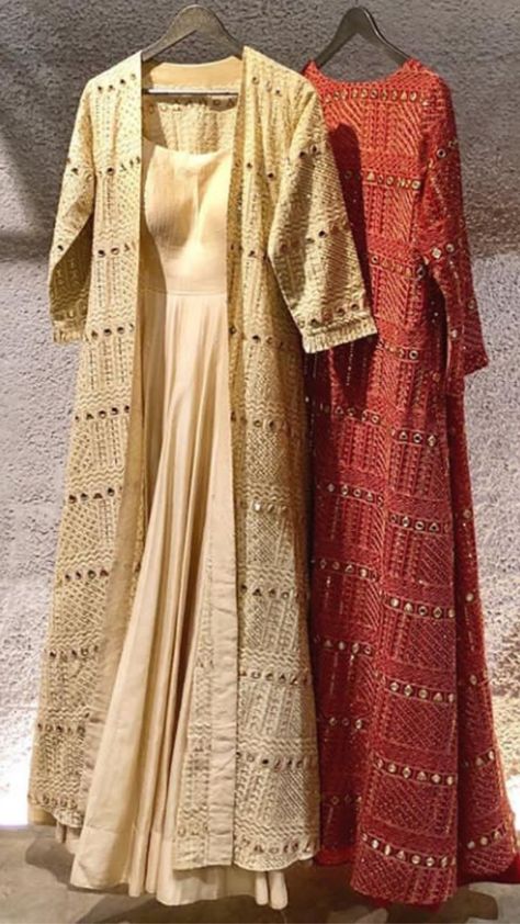 Beautiful Long Jacket style Dress with superb embellishments as mirror and mukaish work.  #jacketstyle #gown #dress #ananatam #mirrormukaush. Long Jacket Style, Suits For Women Indian, Mukaish Work, Simple Kurti Designs, New Blouse Designs, Indian Party Wear, Fancy Kurti, Pakistani Fancy Dresses, Pakistani Fashion Party Wear