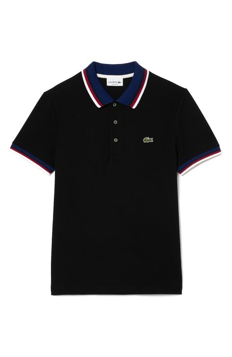 This polo embellished with the signature croc embroidery and a tipped collar is designed for everyday comfort with a classic cut and just-right stretch. Rib collar Short sleeves with rib cuffs 94% cotton, 6% elastane Machine wash, tumble dry Imported Grafic Tees, Collar Polo Shirt, Polo Shirt Design, Lacoste Men, Contrast Collar, Mens Polo Shirts, Men's Style, Girls Tshirts, Black Shirt