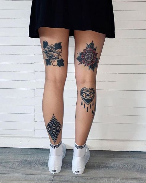 Leg Tattoo Placements, Calf Tattoos For Women, Leg Tats, Traditional Tattoo Woman, Back Of Leg Tattoos, Old School Tattoos, Mannheim Germany, Shin Tattoo, Tattoo Old School