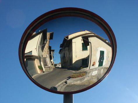 Traffic mirror reflecting small town. Houses reflected in concave mirror with sk , #AFFILIATE, #small, #town, #Houses, #Traffic, #mirror #ad Small Town Houses, Traffic Mirror, Concave Mirror, Traffic Mirrors, Concave Mirrors, Town Houses, Mirror Reflection, Exam Prep, Reflective Surfaces