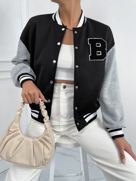 Black Preppy  Long Sleeve Polyester Colorblock,Letter Bomber Embellished High Stretch Spring/Fall Women Outerwear School Jacket Outfit, Varsity Jacket Outfit, School Jacket, Varsity Jacket Women, Jacket Outfit Women, College Jackets, Trendy Jackets, Leather Jacket Outfits, Casual Outerwear