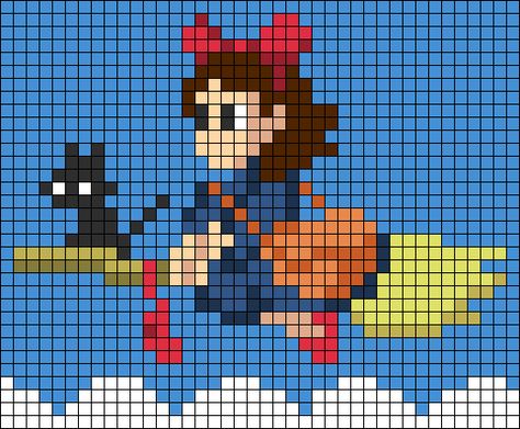 Kikis Delivery Service Cross Stitch, Kiki's Delivery Service Cross Stitch, Lucky Cat Pixel Art, Kiki's Delivery Service Pixel Art, Ghibli Minecraft, Pixel Art Ghibli, Studio Ghibli Pixel Art, Ghibli Pixel Art, Ghibli Cross Stitch