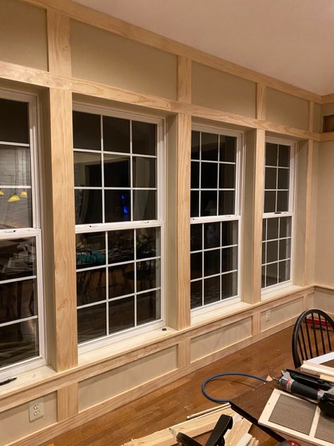 Window Millwork Ideas, Sunroom Trim Ideas, Trim Between Windows, Large Window Trim Ideas Interior, Sunroom Window Trim, Framing Around Windows, Wainscoting Around Windows, Window Crown Molding, Window Trim Ideas Interior