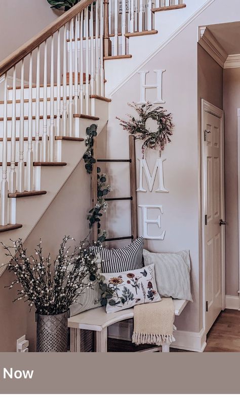 Farmhouse Stairway Decor, Bench At Bottom Of Stairs, Beside Stairs Decor, Entryway Staircase Decor, Stair Entrance Ideas, Entry Way Stair Wall Decor, Entry Way With Stairs Decor, Bottom Of Stairs Ideas, Stair Case Decor Ideas