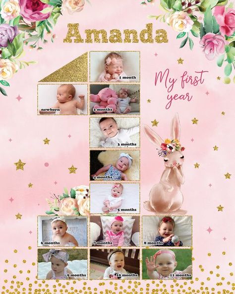 Bunny First 12 months collage, Bunny 1st birthday photo poster, Bunny First year photo board, Bunny Baby's First Year backdrop sign First Year Photo Board, Bunny 1st Birthday, Baby Photo Collages, Unicorn 1st Birthday, Scrapbook Bebe, Valentines Baby, First Birthday Posters, 1st Birthday Photo, Baby Photo Frames