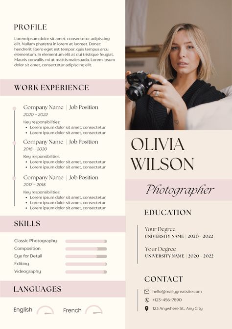 Pink Cream Modern Photographer Resume. #CareerAdvancement #JobSearch #ProfessionalDesign #PersonalBrand #ImpressiveCVs #CreativeResumes #CanvaDesigns Cv For Photographer, Resume Photo Ideas, Cv Photo Ideas, Cdp Layout, Photography Resume, Chronological Resume Template, Photographer Resume, Basic Resume Examples, Letter Writing Examples