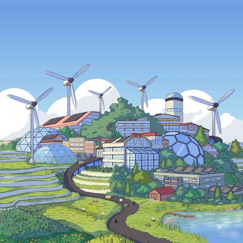 Eco City Concept Art, Solar Punk Environment, Solar Punk Building, Eco City Concept Architecture, Utopia Concept Art, Worldbuilding Concept Art, Solar Punk Concept Art, Solar Punk Art, Solar Punk Architecture