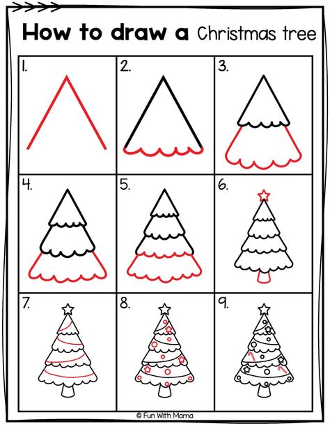 Learn how to draw a Christmas tree with these easy step by step directions. Perfect for kids and adults to join in on the fun! How To Draw A Simple Christmas Tree, Step By Step Drawing Christmas, How To Draw A Christmas Tree Easy, Christmas Tree Art Drawing, How To Draw A Christmas Tree, Christmas Tree Drawing For Kids, Christmas Easy Drawing, Easy Christmas Tree Drawing, Drawing Christmas Trees