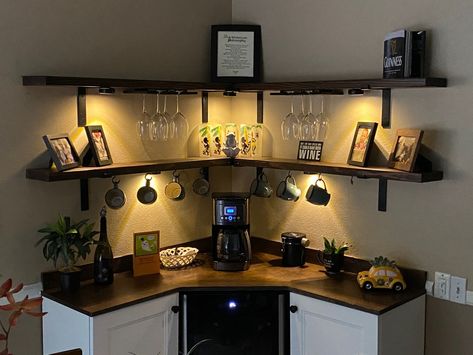 Corner Coffee And Wine Bar Ideas, Corner Coffee Bar With Mini Fridge, Mini Bar Ideas Small Spaces Corner, Corner Dry Bar Ideas, Corner Bar Shelves, Coffe Corners Design, Am Pm Coffee Wine Bar, Diy Corner Bar, Coffe Corners Ideas