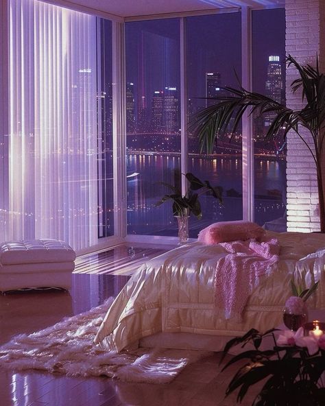 90s Aesthetic Bedroom Ideas, 80s Pink Interior, Bedroom Inspirations 80s, Sleepy Bedroom Aesthetic, Pink 80s Bedroom, 80s New York Apartment, 80s Post Modern Bedroom, Vaporwave Apartment, 80s Post Modern Interior Design