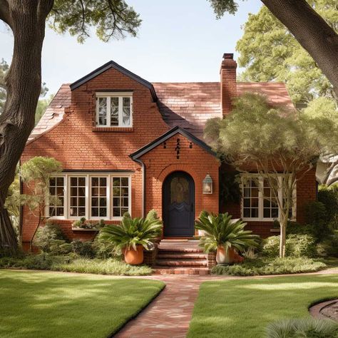 7+ Bold Exterior Brick Paint Color Ideas for Your Home • 333+ Art Images Red Orange Brick House Exterior, Small Painted Brick House Exterior, Brick Exteriors, Red Brick Brown Roof Exterior Houses, Terracotta Exterior House Colors, Tan Brick House, Red Brick Cottage, Orange Brick House Exterior Colors, Brick Homes Exterior Colors