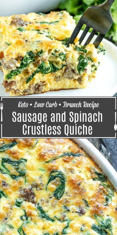 This sausage and spinach crustless quiche is an easy low-carb and keto breakfast or brunch that's loaded with eggs, sausage, cheese, and spinach. It's an easy quiche recipe that you can make ahead of time and eat for breakfast. This delicious quiche is perfect for Saturday breakfasts and even Christmas morning. Try this easy breakfast and brunch recipe! Spinach Crustless Quiche, Quiche Recipes Crustless, Sausage And Spinach, Keto Quiche, Sausage Spinach, Breakfast Quiche Recipes, Quiche Recipes Easy, Breakfast Easy, Spinach Quiche