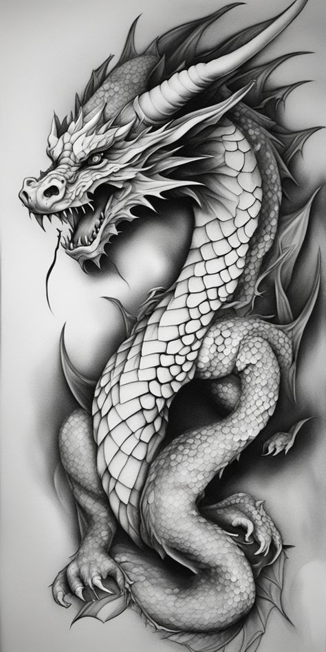 This image depicts a stunning realism style dragon tattoo design in black and white. The intricate details of the dragon's scales and fire-breathing mouth are intricately outlined over a blank canvas. Angry Dragon Drawing, Dragon Body Tattoo, Dragon Breathing Fire Tattoo, Gothic Dragon Tattoo, Realistic Dragon Tattoo, Dragon Tattoo Realistic, Jormungandr Tattoo, Japanese Geisha Drawing, Dragon Tattoo Outline