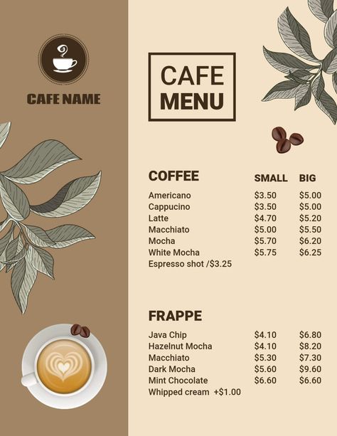 Cafe Leaflet Design, Caffee Restaurant Design Plan, Coffee Menu Design Templates, Menu Cafe Aesthetic, Coffee Menu Design Ideas Layout, Cafe Menu Design Ideas, Menu Design Ideas Templates, Menu Design Ideas, Papan Menu