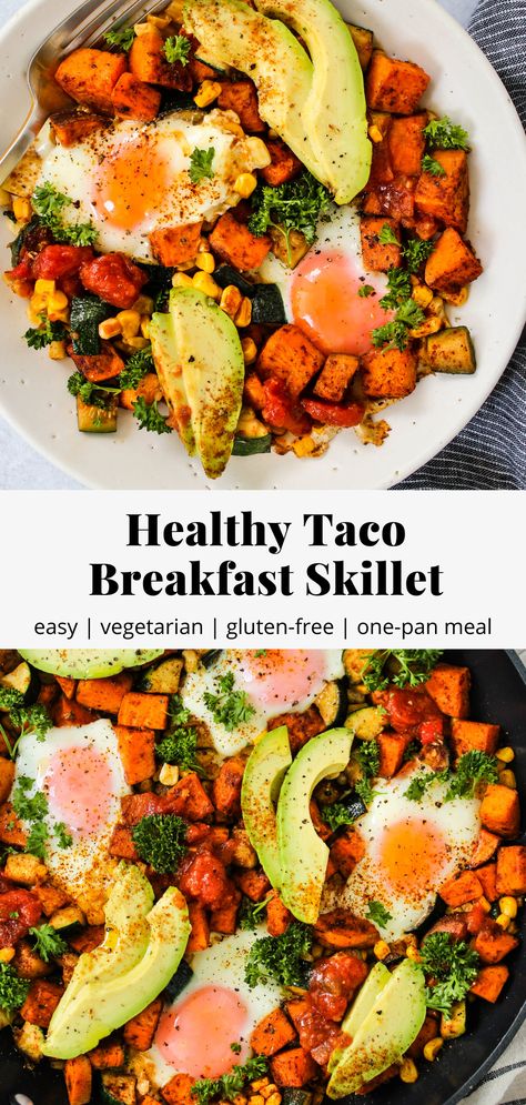 This Healthy Taco Breakfast Skillet is packed with veggies and protein for an easy, nutritious one-pan meal. It’s made with sweet potatoes, zucchini, corn, eggs, and taco seasoning. Gluten-free, with vegetarian and vegan options available! #breakfastskillet #sweetpotato #eggs Veggie And Egg Breakfast, Healthy Breakfast With Veggies, Vegetarian Egg Breakfast, Vegetarian Breakfast Tacos, Veggie Skillet Recipes, Breakfast Skillet Recipes Healthy, Eggs And Veggies Breakfast, Healthy Breakfast Recipes Eggs, Healthy Eggs Breakfast