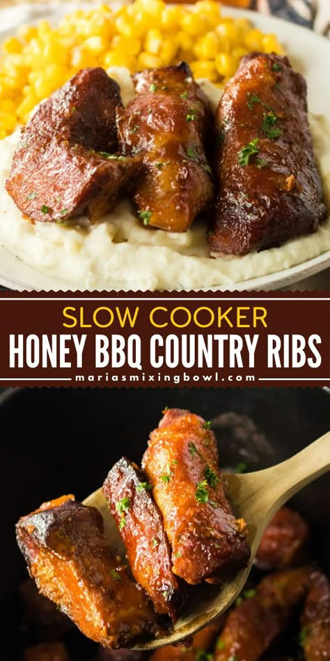 A main dish for dinner featuring country-style ribs! Fall-off-the-bone tender with a sweet and tangy sauce, these Slow Cooker Honey BBQ Country Ribs are so delicious. Put this crockpot recipe on your rotation of busy weeknight dinners! Country Style Pork Ribs Crock Pot, Tender Pork Ribs, Sweet And Tangy Bbq Sauce, Crockpot Pork Ribs, Slow Cooker Ribs Recipe, Peach Bbq, Country Ribs, Pork Crockpot Recipes, Bbq Recipes Ribs