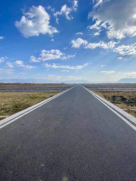 Straight Asphalt Road Under Blue Sky And White Clouds Road And Sky Background, Road Background, Straight Road, Clouds Background, Stone Road, Dark Background Wallpaper, Asphalt Road, Road Photography, Blue Sky Clouds