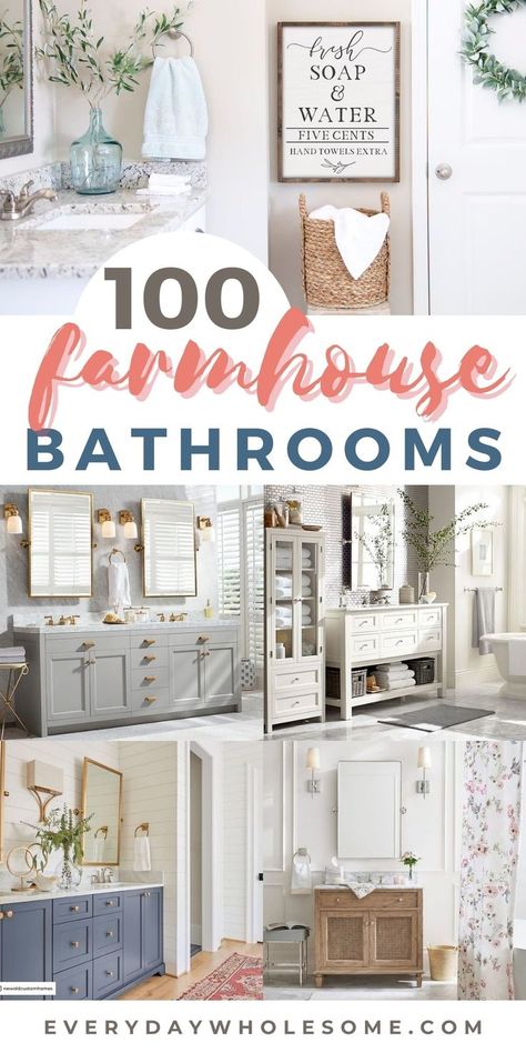 Farmhouse Bathrooms and Bathroom Decor Ideas & inspiration for your next redecorating or remodel project. Bathroom ideas, decor, remodel, decor ideas, organization and tile ideas for your Master or guest bathroom. Use for sophisticated child's bathroom. Farmhouse bathroom decor, ideas, design, vanity bathrooms, signs, trays, counter decor and more ideas. #bathroom #farmhousebathroom #bathroomdecor #bathroomideas #bathroomvanity #farmhousebathrooms #signs #bathroomsigns #rugs #lighting #bath Decorate My Bathroom Ideas, Farmhouse Bathroom Pictures, Bathroom Wall Decor Ideas Farmhouse, Country Style Bathroom Ideas Farmhouse, French Country Bathroom Accessories, Farmhouse Bathroom Design Ideas, Farmhouse Style Bathroom Ideas, Bathroom Remodel Ideas Farmhouse, Gray Farmhouse Bathroom