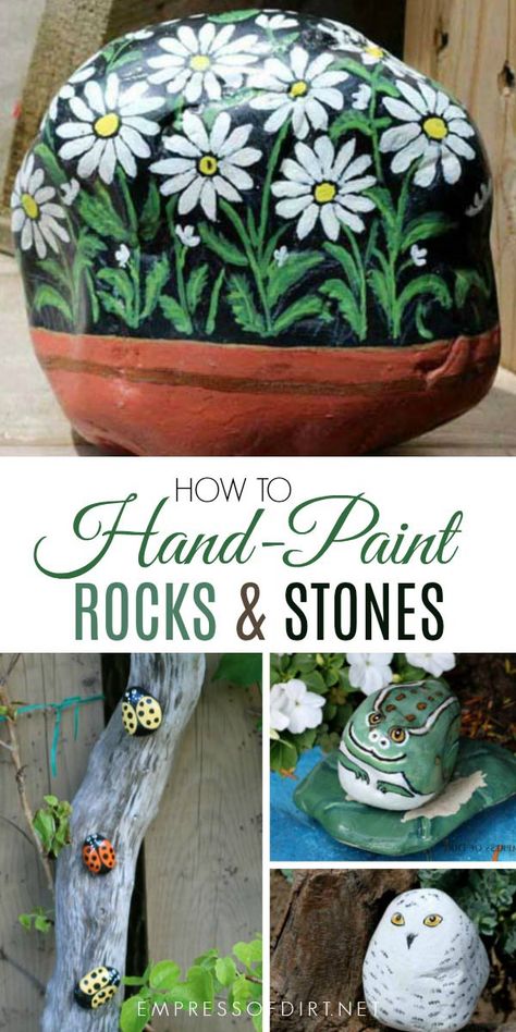 You can make your own garden art painted rocks. Find out which paints to use and follow the step by step instructions for cats, birds, frogs, deer, ladybugs and more. #crafts #diy #stonepainting #gardenart #gardenideas #gardencrafts #empressofdirt How To Paint Rocks, Outdoor Garden Art, Rock Painting Flowers, Painted Garden Rocks, Rock Painting Supplies, Gardening Services, Tattoo Plant, Garden Rock Art, Art Coquillage