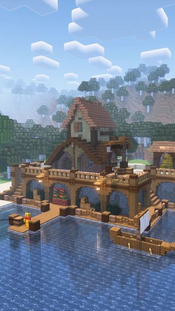 Fisherman’s House Minecraft, Minecraft Lakeside Cottage, Lake Base Minecraft, Minecraft Fishing Dock House, Minecraft Boat Storage, River Minecraft House, Minecraft Fishing Hut Ideas, Minecraft Water Village Ideas, Minecraft Lakeside Cabin