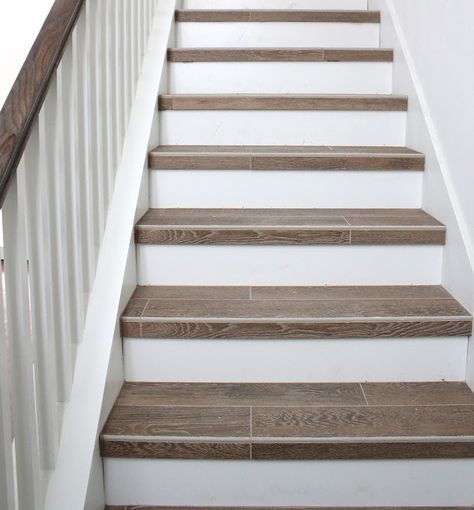 Farmhouse Staircase, Tiled Staircase, Wood Plank Tile, Tile Stairs, Stair Remodel, Wooden Staircases, Coastal Living Rooms, Diy Stairs, Wood Stairs