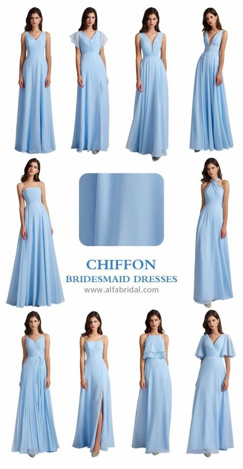 Chiffon bridesmaid dresses are available in more colors. #wedding #weddings #weddingcolorideas #bridesmaiddresses #2021 #weddinginspiration #bridesmaids #bridalparty #maidofhonor #weddingideas #weddingcolors #chiffonbridesmaiddresses #alfabridal Bridesmaid Dress A Line, Chiffon Gown Bridesmaid, Breidsmed Dress, Periwinkle Dress Bridesmaid, Blue Chiffon Evening Dress, Bridesmaid Dresses Design Style, Bresmaid Dresses, Brids Mades Dresses, Bridesmaid Gown Design