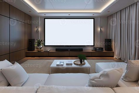 AI generated White sofa, table, and big screen TV in Mini Home Theater Mini Home Cinema, White Theater Room, White Media Room, Mini Home Theater, White Sofa Table, Theater Rooms, Big Screen Tv, Exterior Stairs, Mini Home