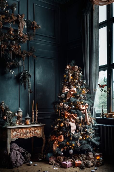 Dark Academia Butterfly, Dark Academia Christmas, Academia Christmas, Christmas Tree Colour Scheme, Moody Christmas, Fruit Christmas Tree, Christmas Tree Inspo, Vintage Christmas Tree Decorations, Moody Decor