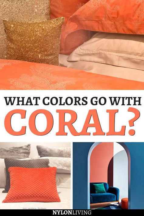 So have you heard that Living Coral is the Pantone Colour of the Year for 2019? But what are coral complimentary colors? Paired with neutrals, a coral color scheme really packs a punch. Try adding coral to gray for a softer look. Also, coral color works well with strong colors like teals and navys. Check out the best coral combinations colour palettes. #coral #livingcoral #pantone #pantone2019 #pantonecolor #pantonecoloroftheyear #colorcombos #colorcombinations Coral And Yellow Living Room, Coral And Blue Kitchen, Coral Rug Bedroom, Ardent Coral Sherwin Williams, Coral Bedroom Decor Ideas, Coral And Turquoise Bathroom, Blue And Salmon Color Scheme, Coral And White Bedroom, Coral Accents Bedroom