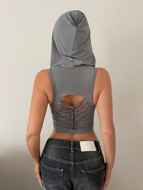 Grey Casual,Sexy Collar  Knitted Fabric Plain Tank Embellished Medium Stretch Spring Women Clothing Hooded Tank Top, Ripped Top, Vestiti Edgy, Rave Fits, Punk Dress, Wearing All Black, Diy Clothes Life Hacks, Seductive Clothes, Summer Crop Tops