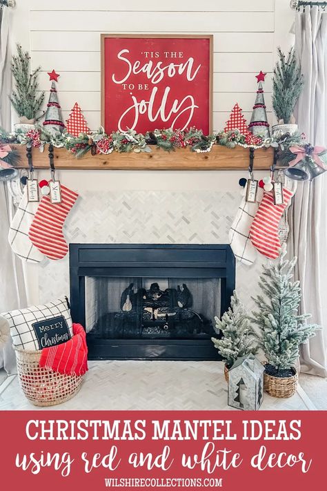 These cheerful Christmas mantel ideas using red and white will add a fun and festive feel to your home this year! Try out some of these mantle decoration tips and tricks to help decorate your own Christmas mantle this year. Mantels Ideas Fireplace, Mantle Decorating Ideas Christmas, Christmas Mantle Decor Fireplaces, Christmas Mantel Ideas, Mantle Decorating Ideas, Wilshire Collections, Mantle Decorating, Christmas Fireplace Mantels, Christmas Mantel Decor