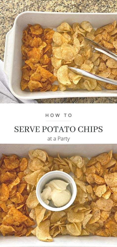 Entertaining with an appetizer of messy looking assorted potato chips is not the best look. Learn how to serve potato chips appetizer for your next party in an elegant, understated way. How To Serve Potato Chips At A Party, Serving Potato Chips At A Party, How To Serve Chips And Dip At A Party, Chip Bar Party Ideas, Chip Party Display, Serving Chips At A Party, Serve Chips At A Party, How To Display Chips At A Party, Chip Bowls For Party