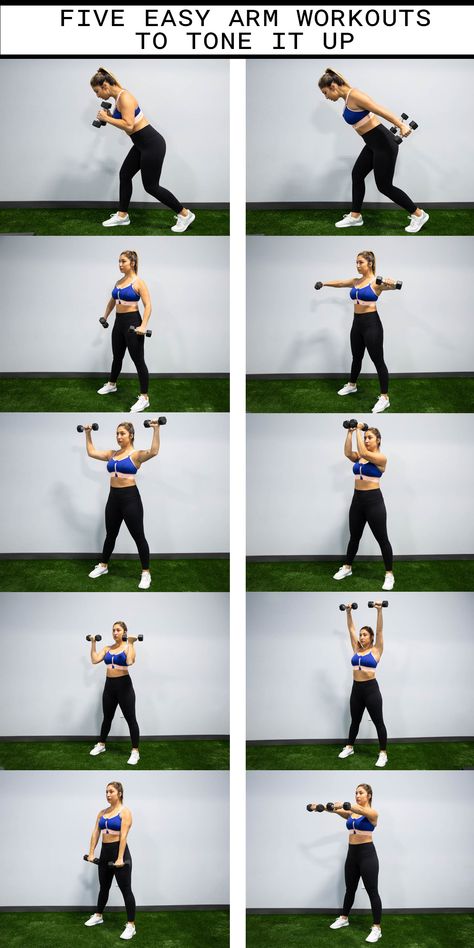 Get ready to work those arms! These simple workouts will help you sculpt the arms you’ve always wanted. Check the tips at the end to be sure you’re getting the most out of each workout. In these five simple arm workouts, you’ll be using your abs as you strengthen your shoulders, triceps, forearms, and chest. Grab a pair of dumbbells and let’s burn some calories!   For this workout do 12 REPS, REPEAT 3 times. Lichaamsgewicht Training, Simple Workouts, Fitness Studio Training, Arm Workout Women, Gym Antrenmanları, Dumbell Workout, Lose Arm Fat, Arm Workouts, Workout Bauch