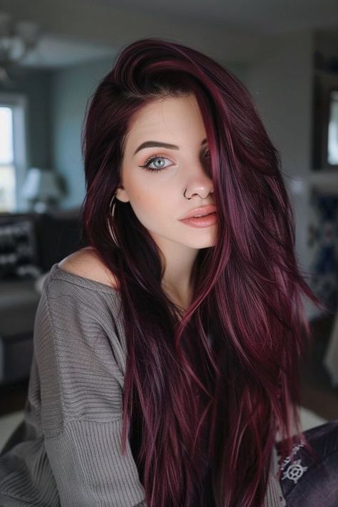 Update your look with our top picks of 24 trendy dark cherry hairstyles. This modern color is perfect for anyone seeking a noticeable yet sophisticated change. Don't wait, click through to see more styles and find your new favorite rich hue today! Subtle Fun Hair Color, Her Hairstyles, Burgundy Violet Hair, Grown Up Pigtails, Red And Black Hair Color Ideas, Violet Black Hair, Dark Cherry Hair Color, Dark Cherry Hair, Cooper Hair