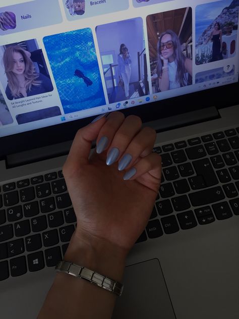 Blue nail polish Light Blue Nails Round, Dark Periwinkle Nails, Frosted Blue Nails, Light Blue Almond Nails, Pale Blue Nails, Ice Blue Nails, Irridescent Nails, Periwinkle Nails, Pastel Blue Nails