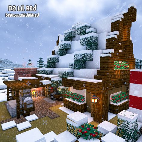 Cute Snowy Minecraft Houses, Snowy Spruce House Minecraft, Spruce Snow House Minecraft, Christmas Market Minecraft, Snow Home Minecraft, Minecraft Winter Village Ideas, Minecraft Snowy Village Ideas, Winter Minecraft Seeds, Snow Town Minecraft